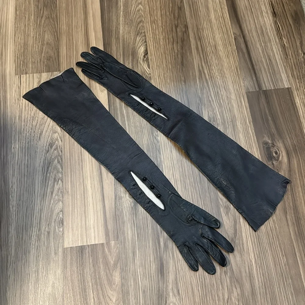 Antique Leather Soft Genuine Black Long Opera Evening Petite Chic Gloves Italy 7 - Picture 2 of 15
